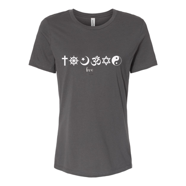One Love Women's Tee with religious symbols from Christianity, Islam, and Judaism, promoting peace, love, and religious harmony. 100% cotton relaxed fit shirt in dark grey.